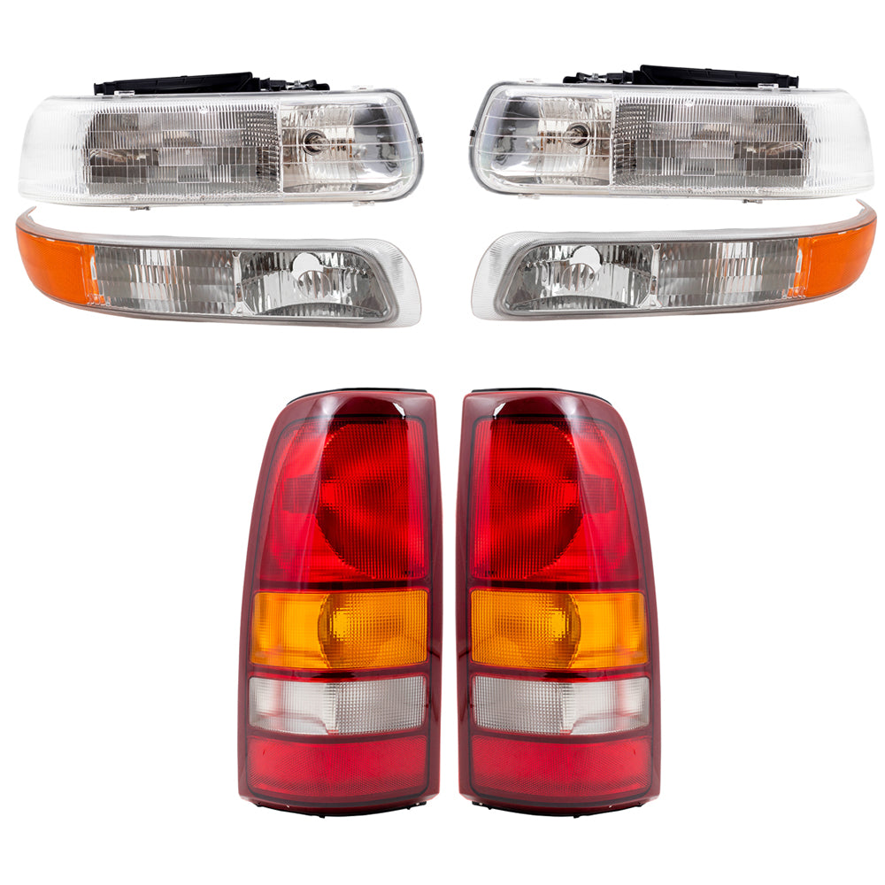 Brock Replacement Headlights, Tail Lights & Park Signal Side Lamps 6 Pc Driver and Passenger Set Compatible with 1999-2002 Silverado 1500/2500 Fleetside