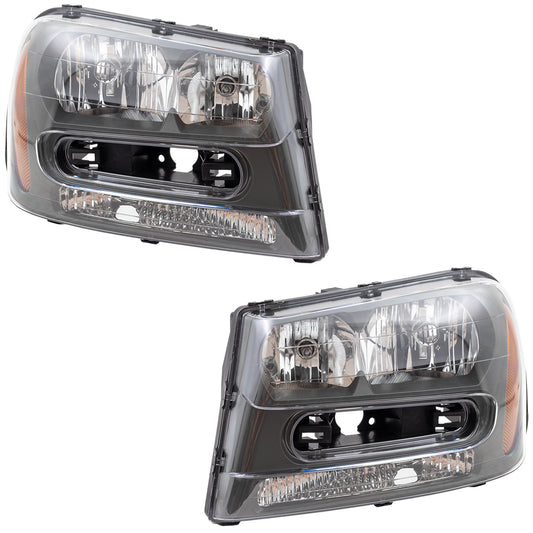 Brock Replacement Driver and Passenger Set Headlights Compatible with 2002-2009 Trailblazer & 02-06 EXT w/ Full Width Grille Bar 25970915 25970914