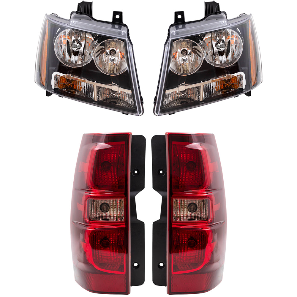 Brock Replacement 4 Pc Set Headlights with Tail Lights Driver and Passenger Set Compatible with 2007-2014 Tahoe