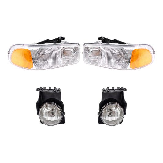 Brock Replacement Driver and Passenger Side Headlights and Fog Lights 4 Piece Set Compatible with 2005-2006 Sierra & 2007 Sierra Classic