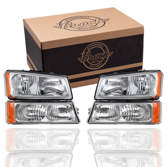 Headlights & Park Signal Lights with Chrome Bezels compatible with 2003-2006 Avalanche Silverado Pickup Truck Brock Replacement Performance Set