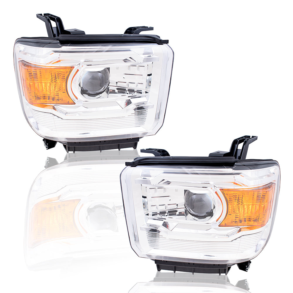 Brock Aftermarket Replacement Driver Left Passenger Right Halogen Combination Headlight Performance Set Projector Type with Chrome Bezel Compatible With 2014-2019 GMC Sierra