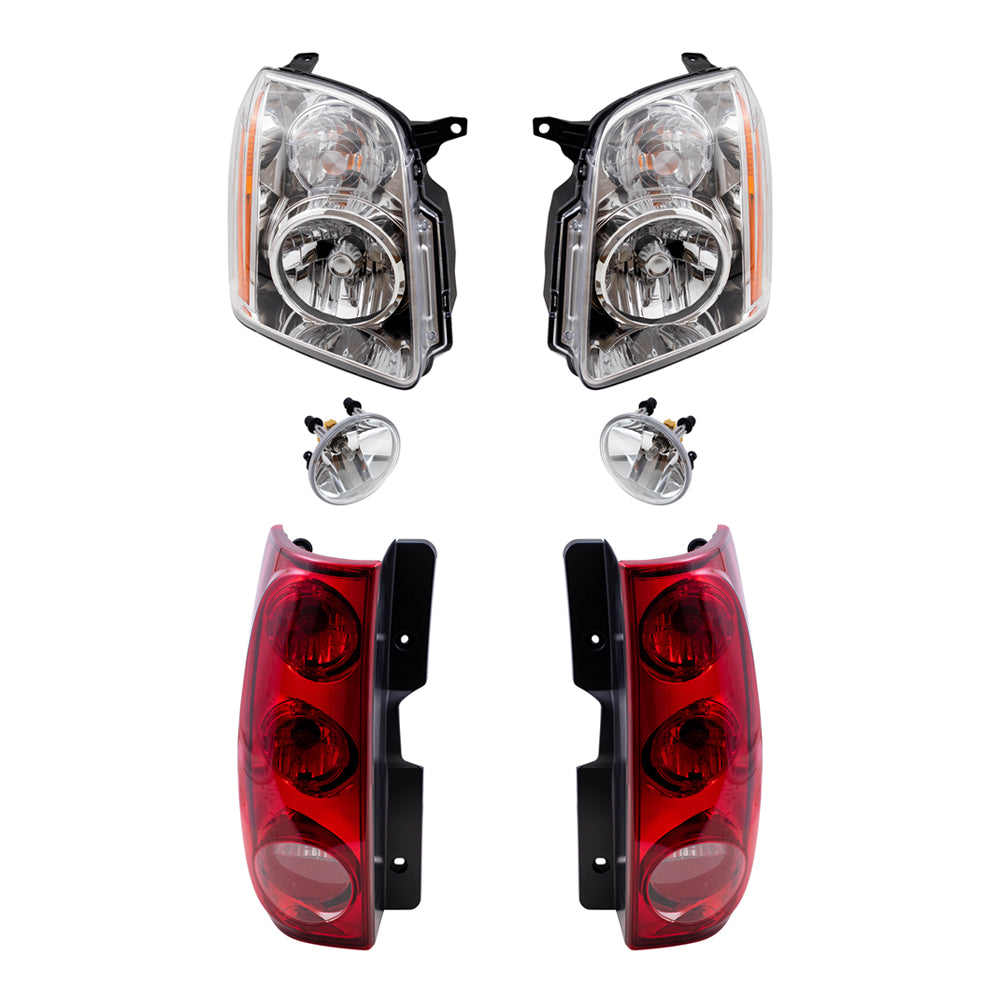 Brock Aftermarket Replacement Part Driver & Passenger Side Halogen Combination Headlight Assemblies, Fog Light Assemblies without Bezel, & Tail Light Assemblies Set Compatible with 2007-2014 GMC Yukon