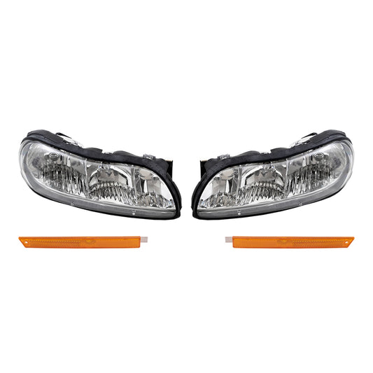 Brock Replacement Driver and Passenger Side Halogen Combination Headlight Assemblies and Side Marker Light Units Compatible with 1997-2003 Malibu/ 2004-2005 Malibu Classic/ 1997-1999 Cutlass