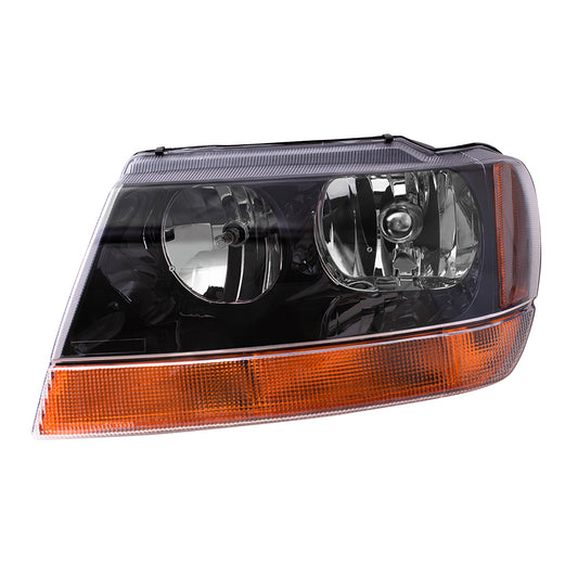 Brock Replacement Driver Headlight with Smoked Bezel and Amber Park Lamp Compatible with 1999-2004 Grand Cherokee 55155129AJ