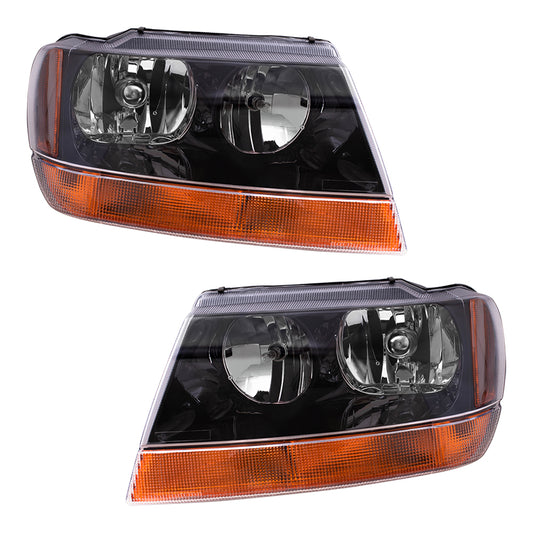 Brock Replacement Set Driver and Passenger Headlights with Smoked Bezels and Amber Park Lamps Compatible with 1999-2004 Grand Cherokee 55155129AJ 5103400AA