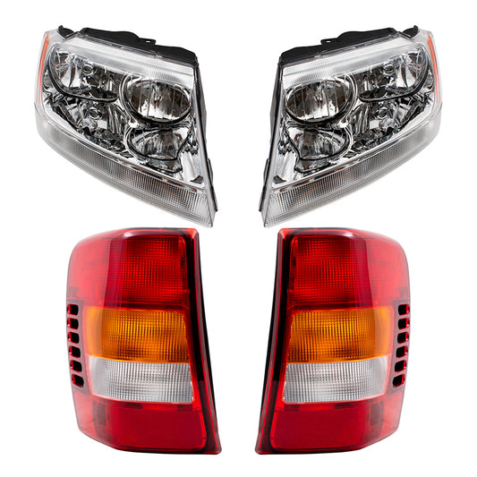 Brock Replacement Headlights with Chrome Bezel and Tail Lights Set Compatible with 2002-2004 Grand Cherokee