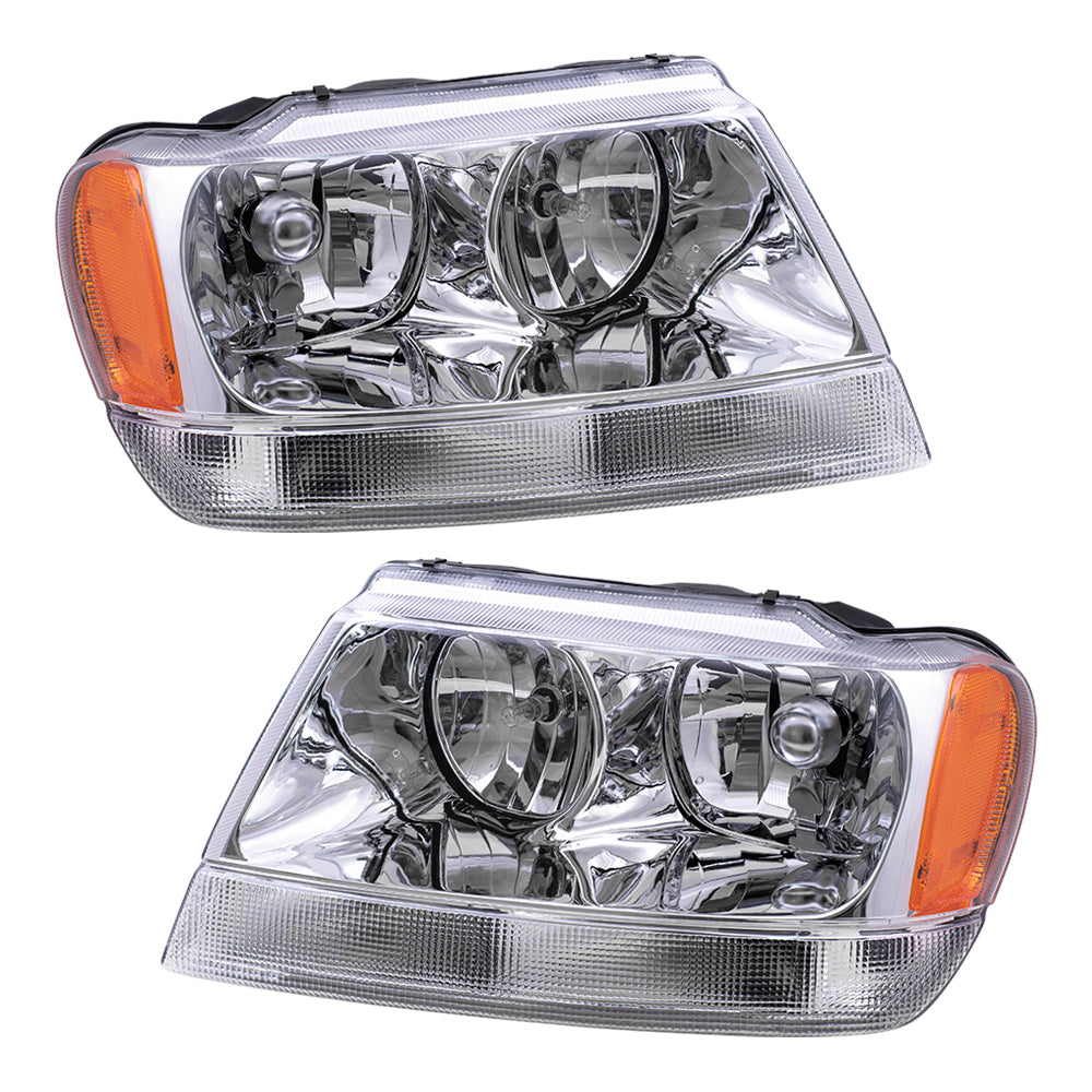 Brock Replacement Set Driver and Passenger Halogen Headlights Chrome Bezel Clear Park Lamp Compatible with 1999-2004 Grand Cherokee