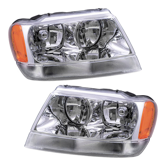 Brock Replacement Set Driver and Passenger Halogen Headlights Chrome Bezel Clear Park Lamp Compatible with 1999-2004 Grand Cherokee