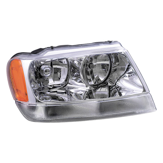 Brock Replacement Passenger Halogen Headlight Chrome Bezel Clear Park Lamp Compatible with 1999-2004 Grand Cherokee 55155552AI