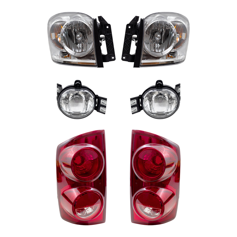 Brock Replacement Driver and Passenger Side Halogen Combination Headlights, Fog Lights and Tail Light Units 6 Piece Set Compatible with 2007-2008 Ram 1500 and 07-09 Ram 2500/3500