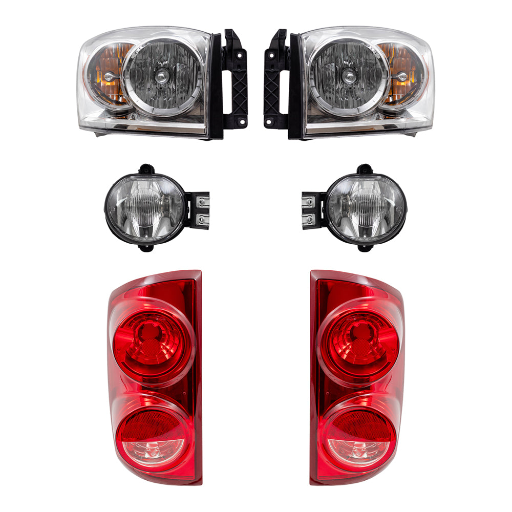 Brock Replacement Driver and Passenger Side Halogen Combination Headlights, Fog Lights and Tail Light Units 6 Piece Set Compatible with 2007-2008 Ram 1500 and 07-09 Ram 2500/3500