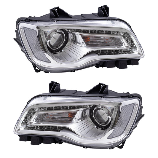 Brock Replacement Set Driver and Passenger Halogen Headlights with Chrome Bezels Compatible with 2015-2017 300 Sedan