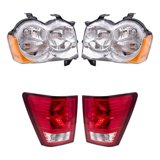 Brock Replacement Driver and Passenger Side Halogen Combination Headlight Assemblies and Tail Light Assemblies 4 Piece Set Compatible with 2008-2010 Grand Cherokee