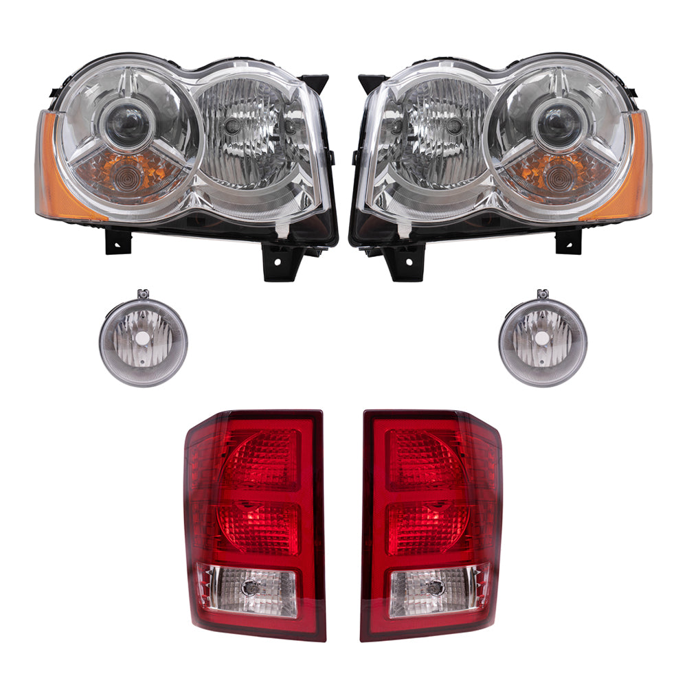 Brock Replacement Driver and Passenger Side HID Combination Headlights, Fog Lights and Tail Lights 6 Piece Set Compatible with 2008-2010 Grand Cherokee