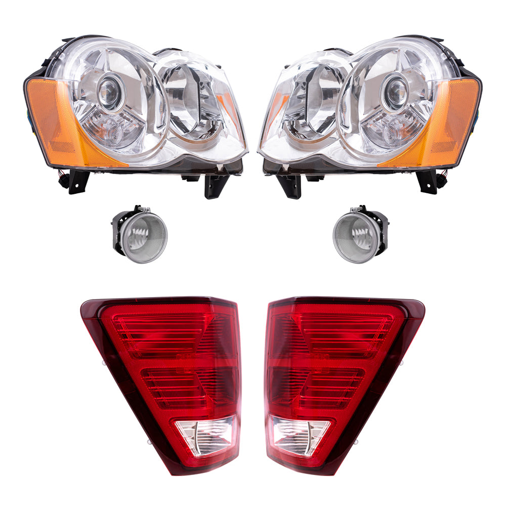 Brock Replacement Driver and Passenger Side HID Combination Headlights, Fog Lights and Tail Lights 6 Piece Set Compatible with 2008-2010 Grand Cherokee