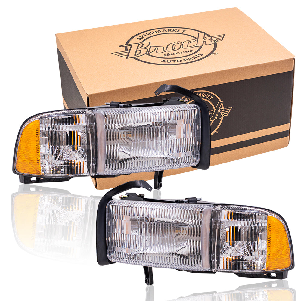 Brock Aftermarket Replacement Driver Left Passenger Right Halogen Combination Headlight and Corner Light Assembly Set Compatible with 1994-2002 Dodge Ram without Sport Package