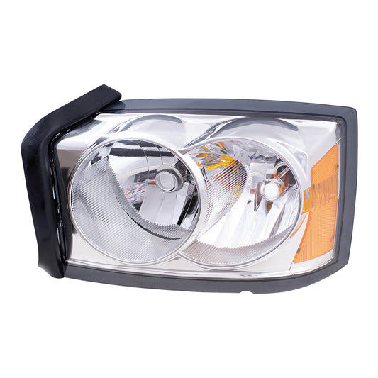 Brock Replacement Driver Headlight with Chrome Bezel Compatible with 2005 Dakota Pickup Truck with Outer Bulb Diffuser 55077607AB