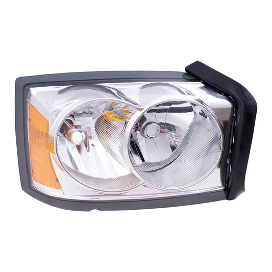 Brock Replacement Passenger Headlight with Chrome Bezel Compatible with 2005 Dakota Pickup Truck with Outer Bulb Diffuser 55077606AB