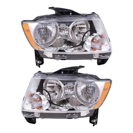 Brock Replacement Set Driver and Passenger Halogen Headlights Chrome Bezel Type Compatible with 2011-2013 Compass