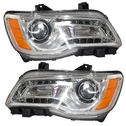 Brock Replacement Set Driver and Passenger Halogen Headlights with Chrome Bezel Compatible with 2011-2014 300