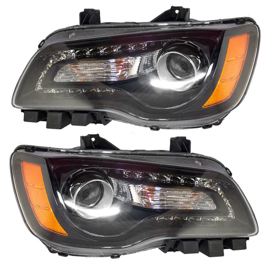 Brock Replacement Set Driver and Passenger Halogen Headlights with Black Bezel Compatible with 2011-2014 300 68085417AF 68085416AF