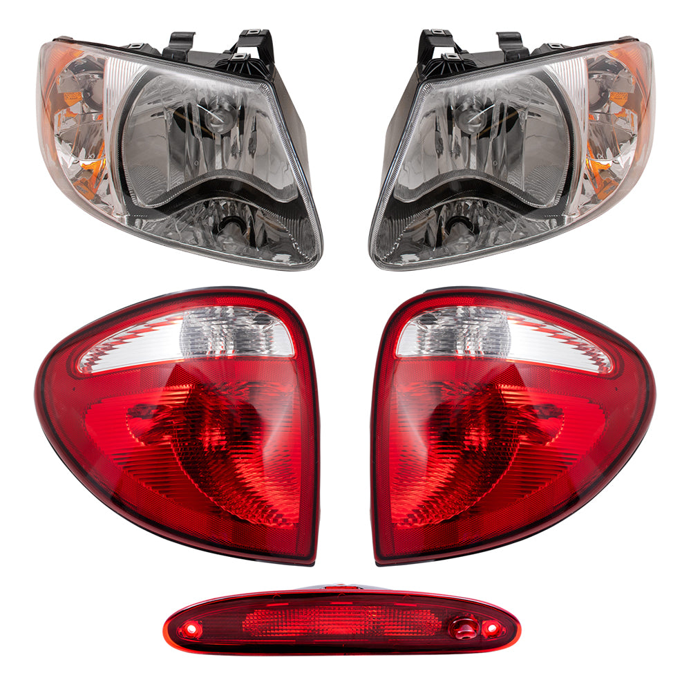 Brock Replacement Headlights and Tail Lights with 3rd Brake Lamp Compatible with 2004-2007 Caravan Town & Country 113" Wheel Base