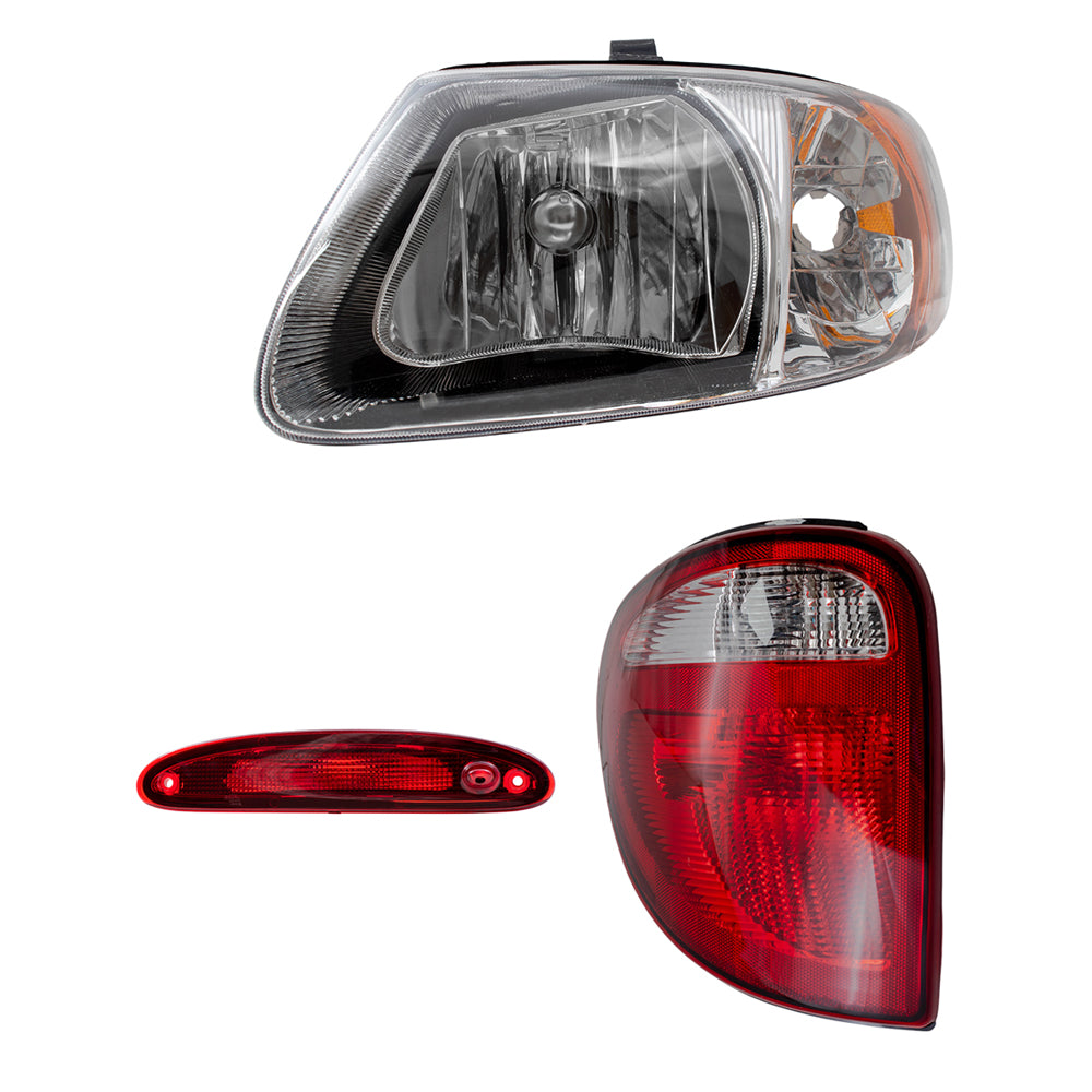 Brock Replacement Headlights and Tail Lights with 3rd Brake Lamp Compatible with 2004-2007 Caravan Town & Country 113" Wheel Base