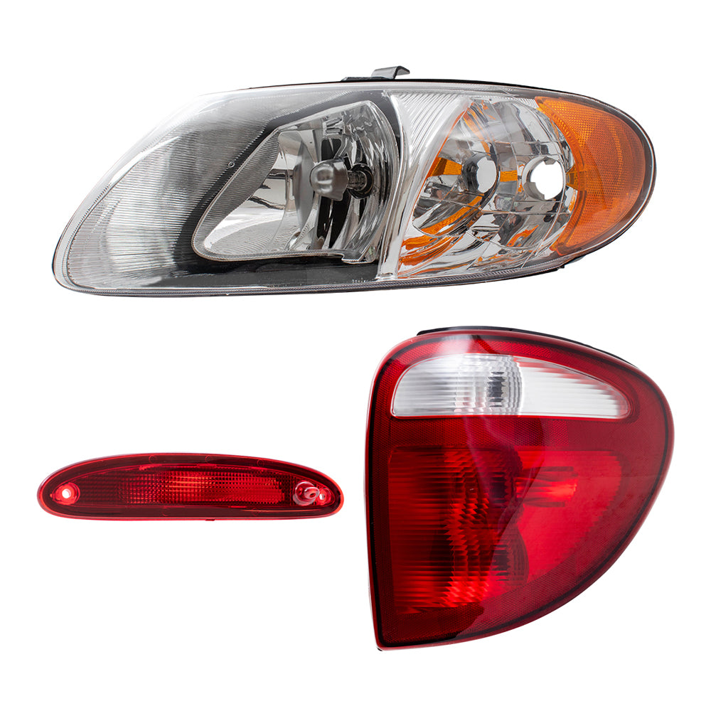 Brock Replacement Headlights and Tail Lights with 3rd Brake Lamp Compatible with 2001 2002 2003 Caravan Town & Country Voyager