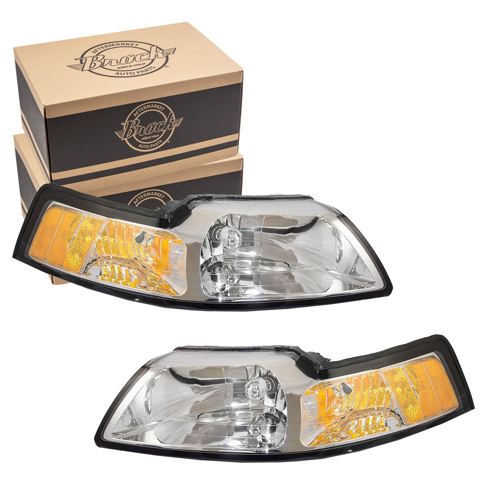 Brock Replacement Driver and Passenger Halogen Headlights Compatible with 1999-2004 Mustang YR3Z 13008 BA YR3Z 13008 AA