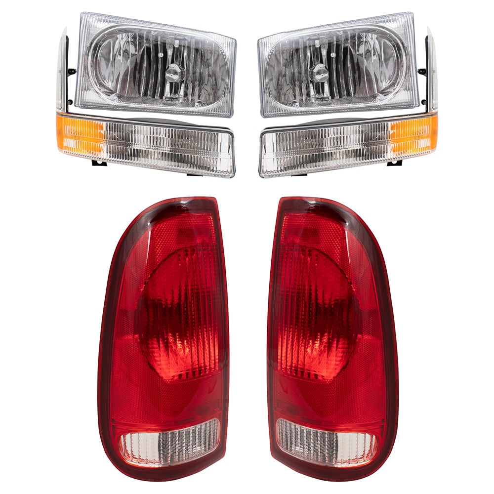 Brock Replacement Headlights Tail Lights and Park Signal Lamps Compatible with 1999-2004 F-Series Super Duty Pickup Truck