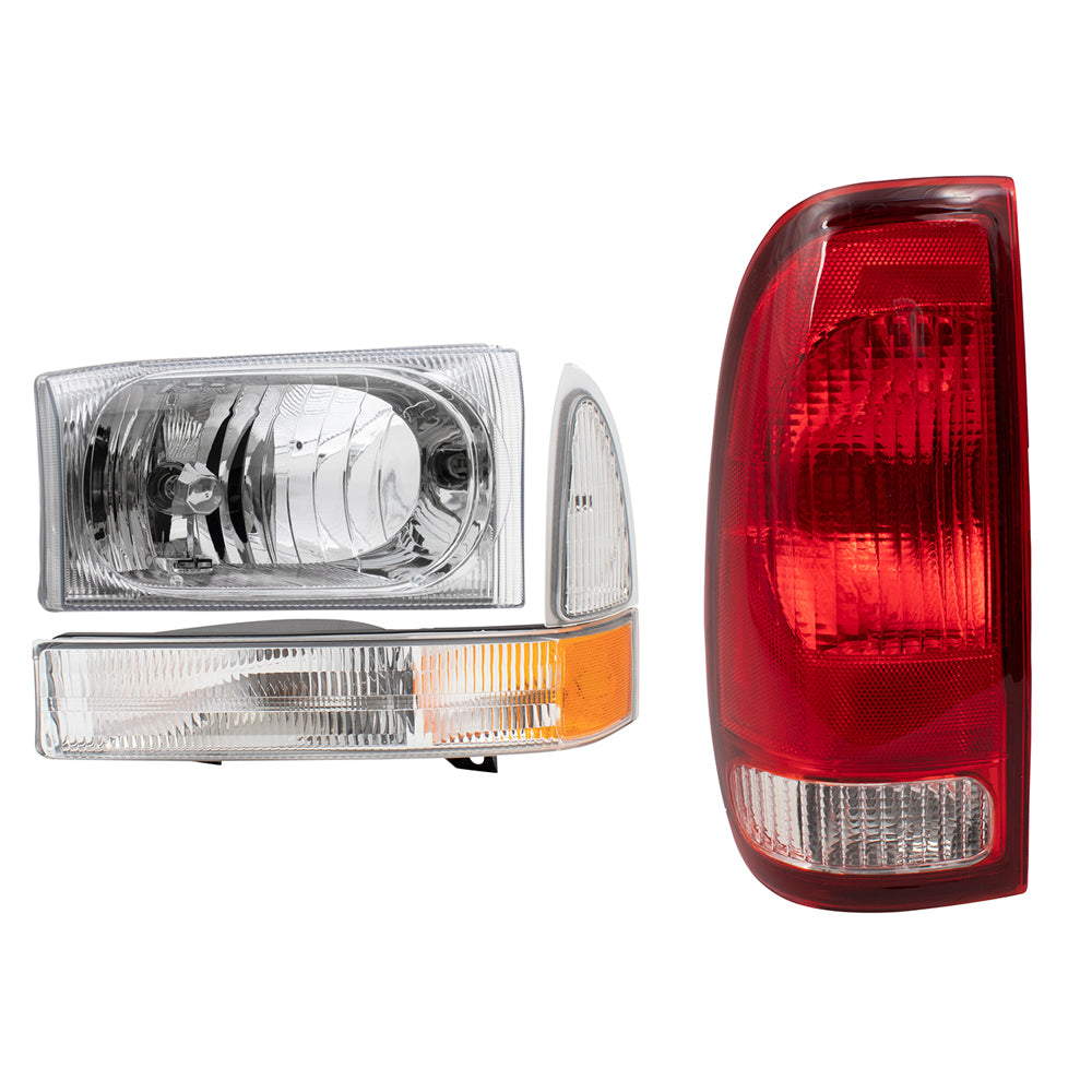 Brock Replacement Headlights Tail Lights and Park Signal Lamps Compatible with 1999-2004 F-Series Super Duty Pickup Truck