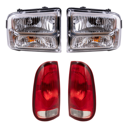 Brock Replacement Headlights with Chrome Bezel and Tail Lights Compatible with 2005 2006 2007 F-Series Super Duty Pickup Truck