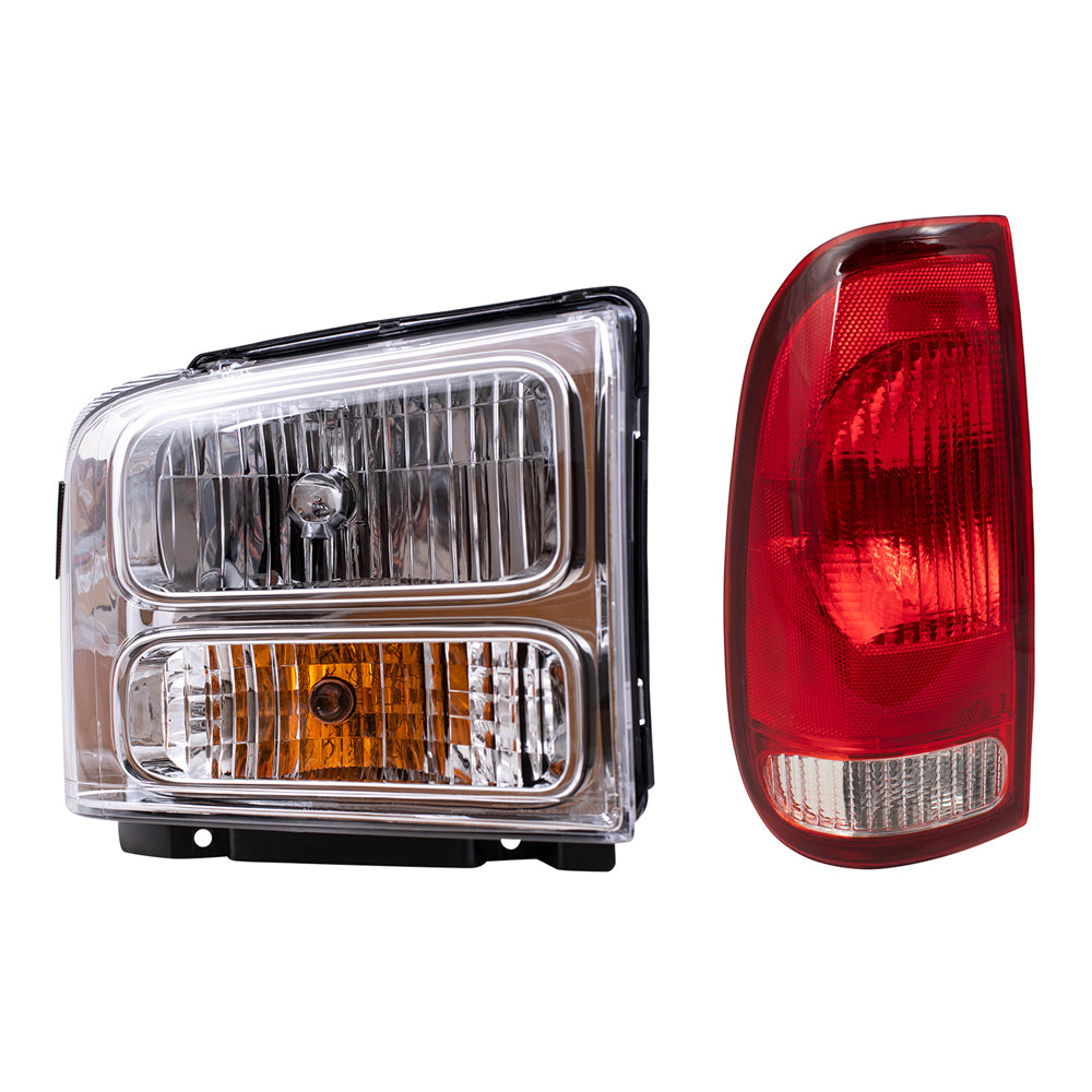 Brock Replacement Headlights with Chrome Bezel and Tail Lights Compatible with 2005 2006 2007 F-Series Super Duty Pickup Truck