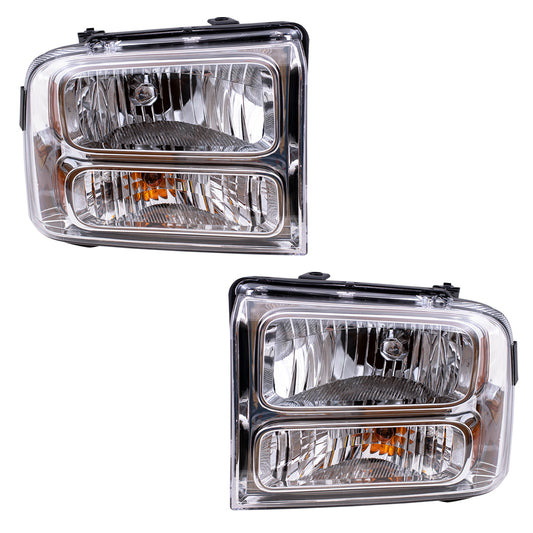 Brock Replacement Pair Set Halogen Headlights Headlamp w/ Chrome Bezel Compatible with 05-07 Super Duty Pickup Truck 6C3Z13008BB 6C3Z13008AB FO2502217 FO2503217