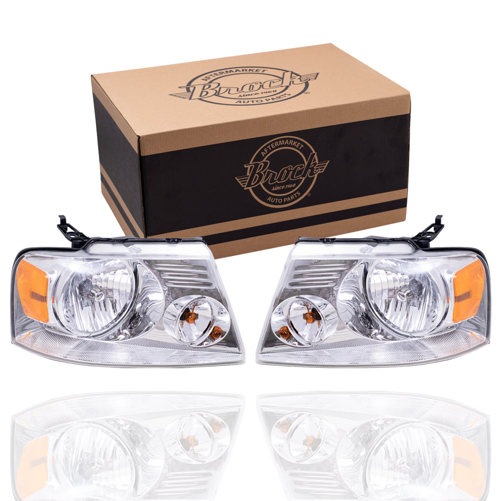 Brock Replacement Driver and Passenger Side Halogen Combination Headlight Assemblies with Chrome Bezels Compatible with 04-08 F150