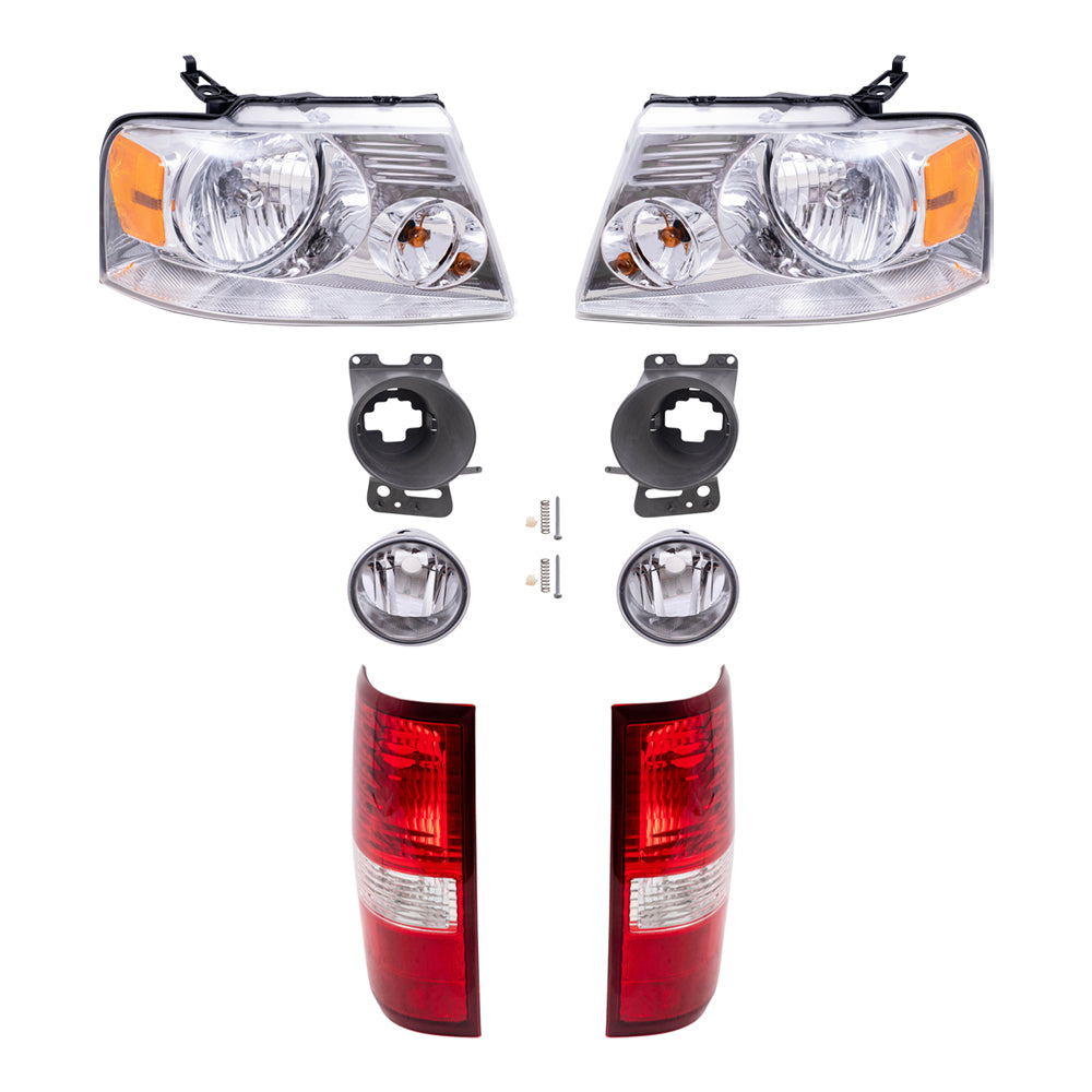 Brock Aftermarket Replacement Driver Left Passenger Right Headlights with Chrome Bezel-Round Fog Lights-Brackets and Styleside Tail Lights 8 Piece Set Compatible with 2006-2008 Ford F-150