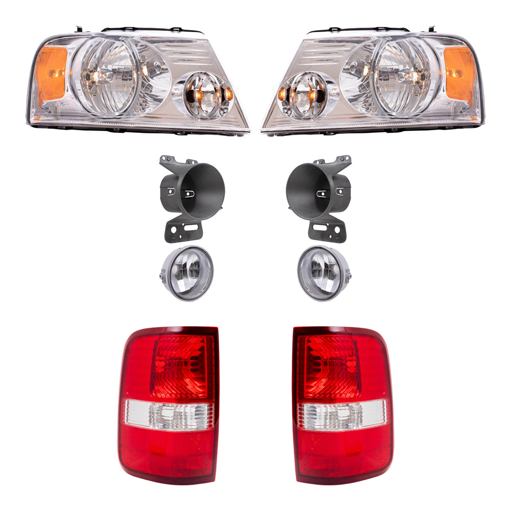 Brock Aftermarket Replacement Driver Left Passenger Right Headlights with Chrome Bezel-Round Fog Lights-Brackets and Styleside Tail Lights 8 Piece Set Compatible with 2006-2008 Ford F-150