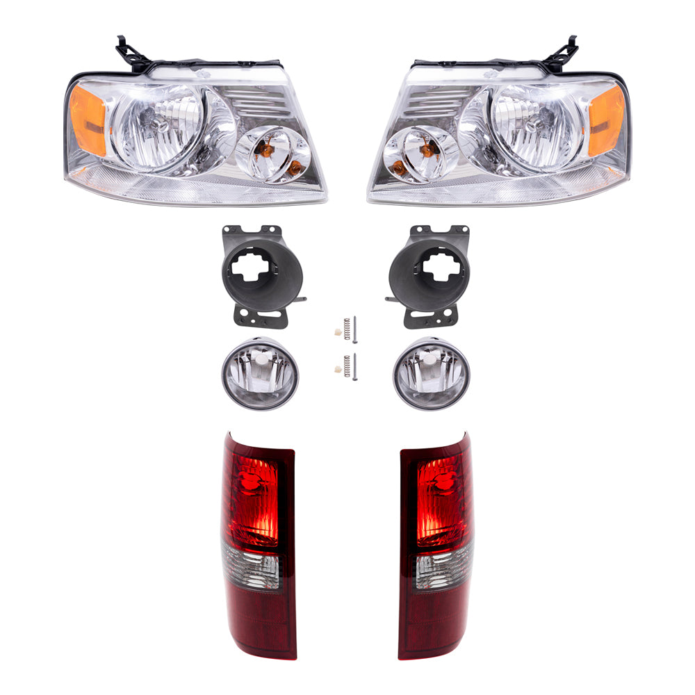 Brock Aftermarket Replacement Driver Left Passenger Right Halogen Combination Headlights-Round Fog Lights-Mounting Brackets-Styleside Tail Lights 8 Piece Set Compatible with 2006-2008 Ford F-150