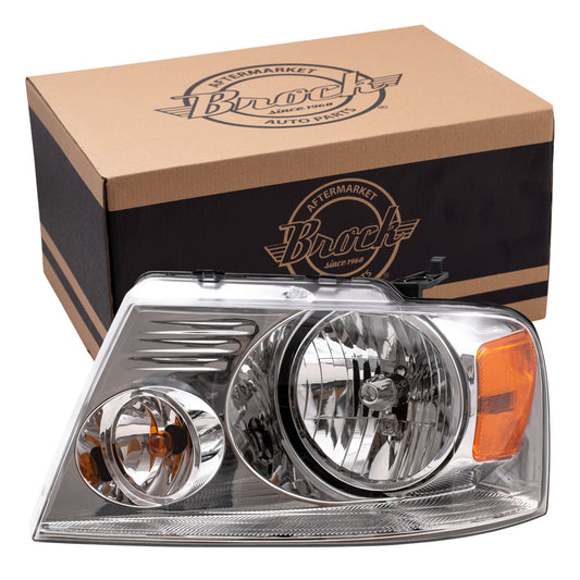 Brock Replacement Drivers Headlight Headlamp Lens with Chrome Bezel Compatible with 2004-2008 F150 Pickup Truck 2006-2008 Mark LT