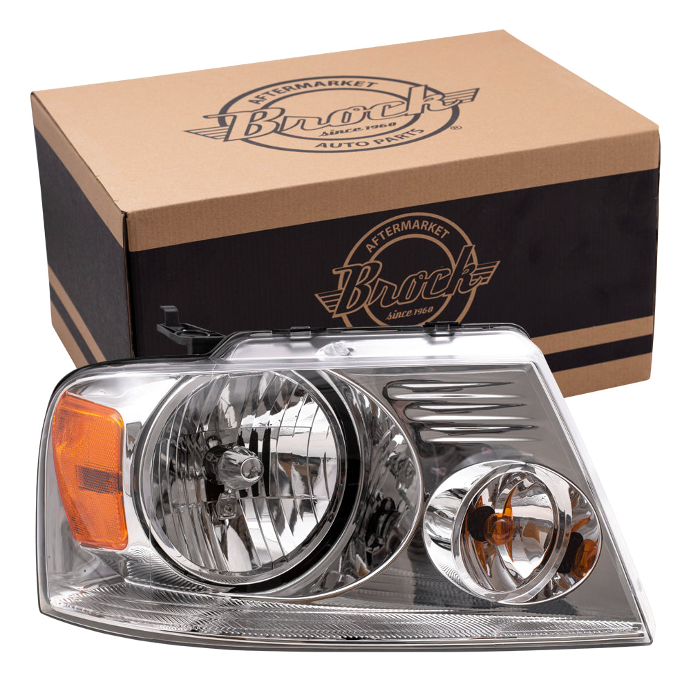 Brock Replacement Passengers Headlight Headlamp Lens with Chrome Bezel Compatible with 2004-2008 F150 Pickup 2006-2008 Mark LT