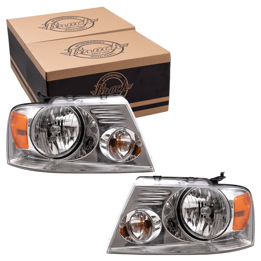 Brock Replacement Driver and Passenger Headlights Headlamps with Chrome Bezels Compatible with 2004-2008 F150 Pickup 2006-2008 Mark LT