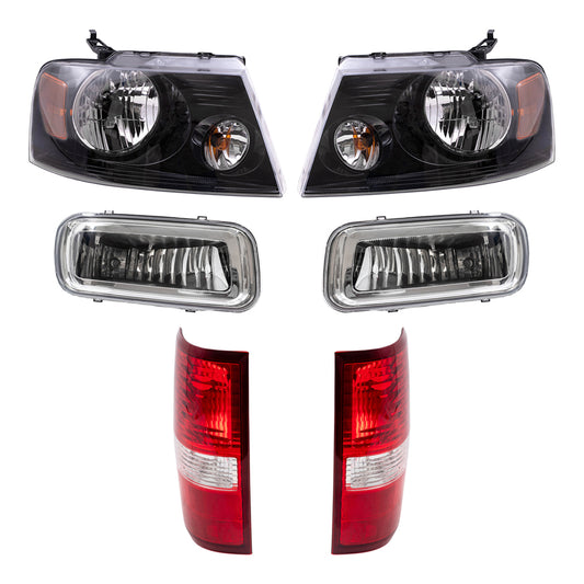 Brock Aftermarket Replacement Driver Left Passenger Right Halogen Combination Headlights-Round Fog Lights-Styleside Tail Lights 6 Piece Set Compatible with 2004-2006 Ford F-150