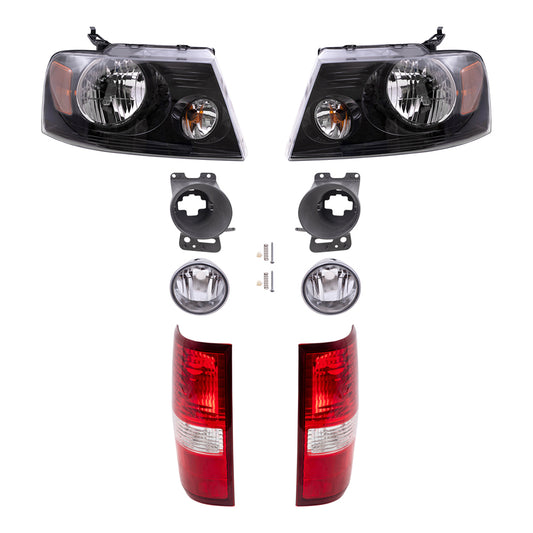 Brock Aftermarket Replacement Driver Left Passenger Right Headlights-Round Fog Lights-Fog Light Mounting Brackets-Styleside Tail Lights 8 Piece Set Compatible with 2006-2008 Ford F-150