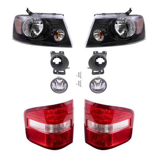 Brock Aftermarket Replacement Driver Left Passenger Right Halogen Combination Headlights-Round Fog Lights-Mounting Brackets-Flareside Tail Lights 8 Piece Set Compatible with 2006-2008 Ford F-150