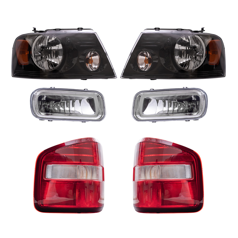 Brock Aftermarket Replacement Driver Left Passenger Right Halogen Combination Headlights-Rectangular Fog Lights-Styleside Tail Lights 6 Piece Set Compatible with 2006 Ford F-150