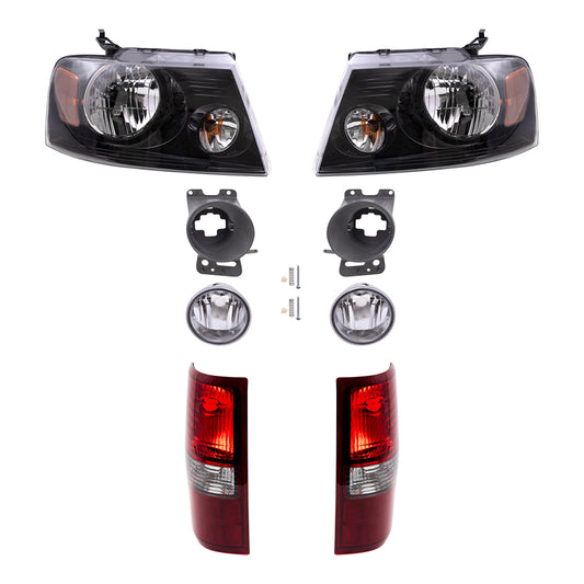 Brock Aftermarket Replacement Driver Left Passenger Right Headlights-Round Fog Lights-Mounting Brackets-Styleside Tail Lights 8 Piece Set Compatible with 2006-2008 Ford F-150