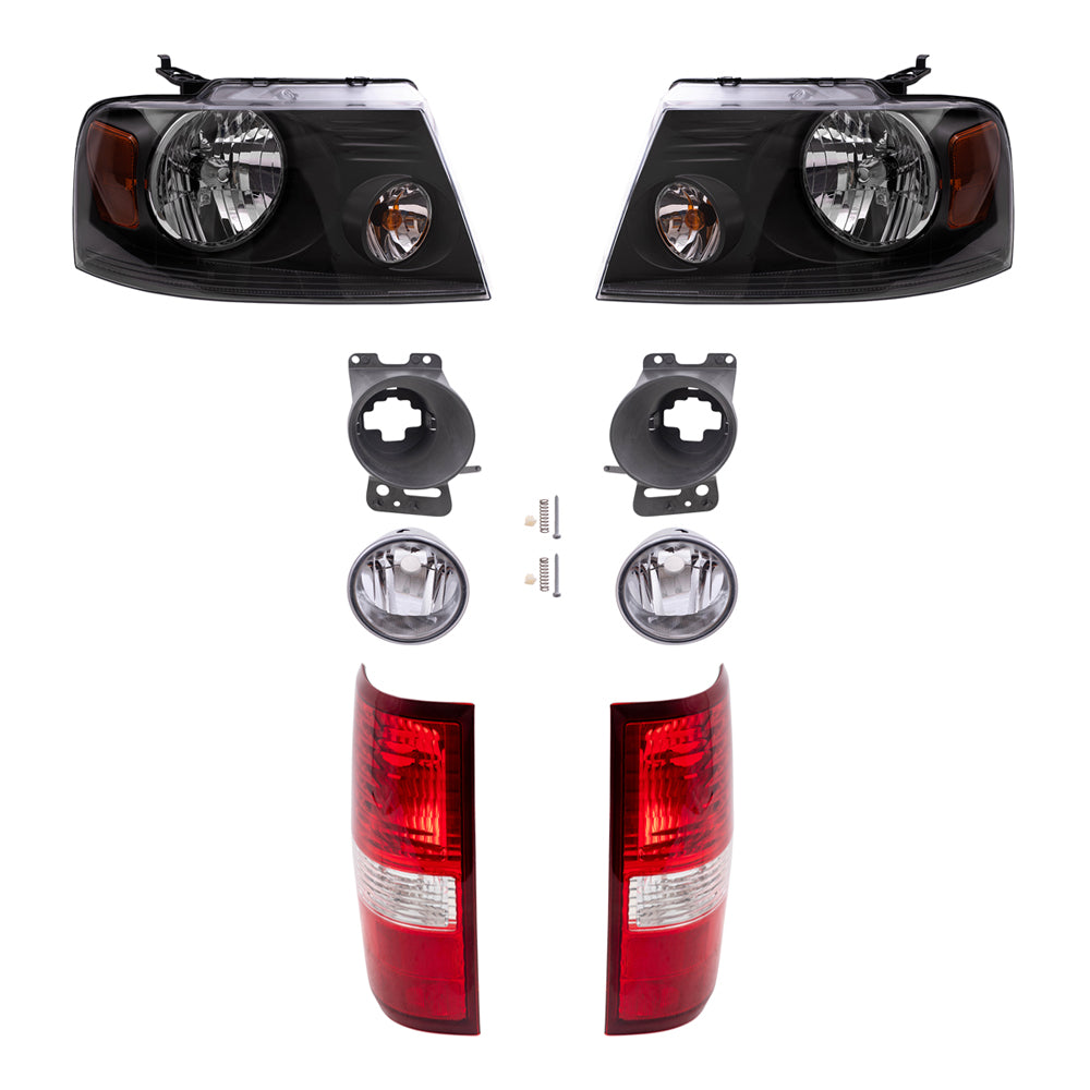 Brock Aftermarket Replacement Driver Left Passenger Right Headlights-Round Fog Lights-Fog Light Mounting Brackets-Styleside Tail Lights 8 Piece Set Compatible with 2006-2008 Ford F-150