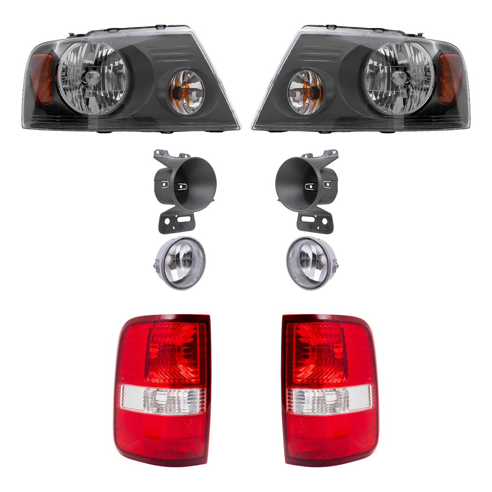 Brock Aftermarket Replacement Driver Left Passenger Right Headlights-Round Fog Lights-Fog Light Mounting Brackets-Styleside Tail Lights 8 Piece Set Compatible with 2006-2008 Ford F-150