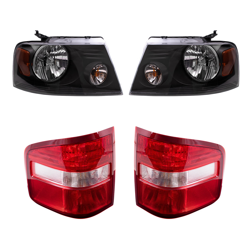 Brock Aftermarket Replacement Driver Left Passenger Right Halogen Combination Headlight Assemblies and Flareside Tail Lights 4 Piece Set Compatible with 2004-2008 Ford F-150